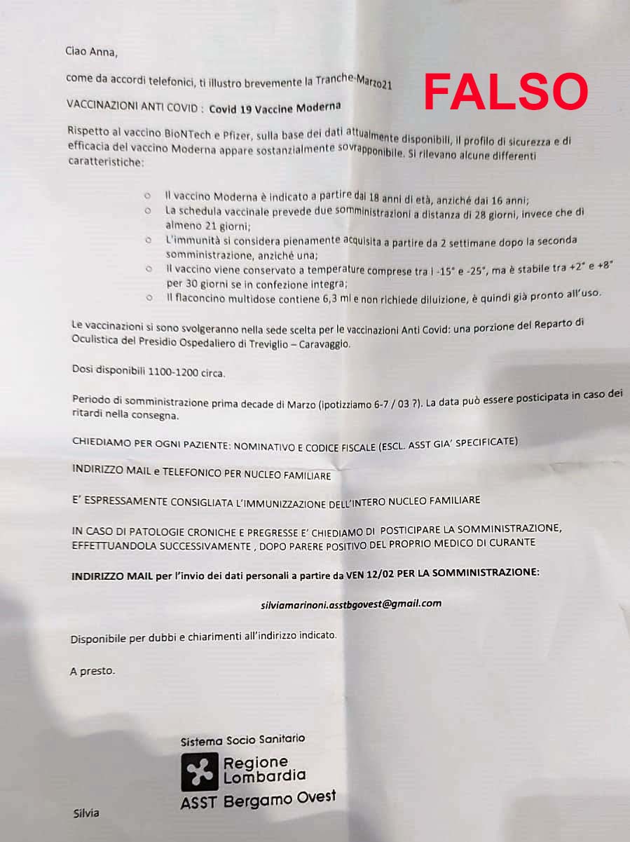 lettera falsa ASST Bergamo Ovest